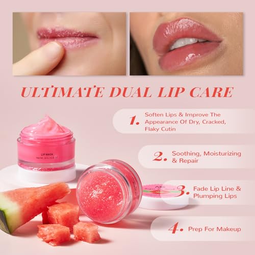 Hydrating Lip Mask Set, Lip Scrub & Lip Butter, Overnight Lip Treatment Set Enriched With Ceramide, Watermelon and Shea Butter, For A Softer & Smoother Lips, Overnight Lip Mask Gifts