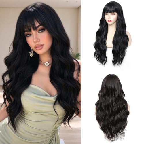 Black Long Wavy Wig with Bangs - 26 Inch Synthetic Curly Hair for Women - Angzon