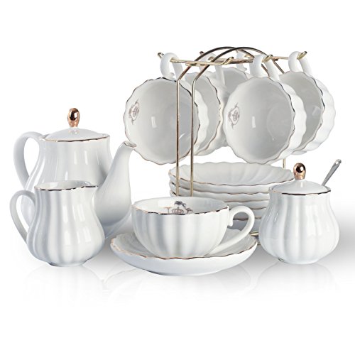 White Porcelain Royal Tea Set for 6 with Teapot Sugar Bowl & Strainer - 8 OZ Cups