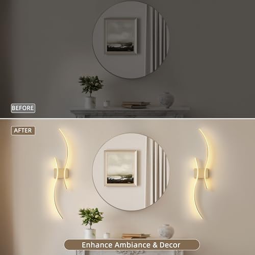 GLOTHOR Brushed Brass Arc Wireless Wall Sconces Set of 2, Dimmable, 3CCT, 23.6"