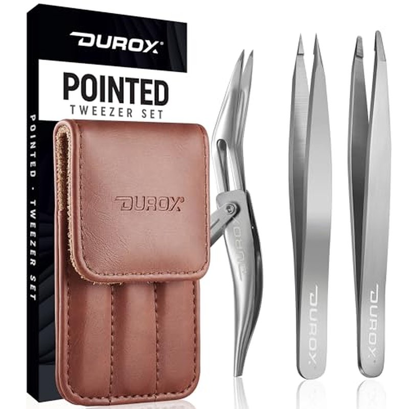 DUROX 3-Piece Tweezer Set ? 1.Pointed Ingrown Hair Tweezers, 2.Fine-Tip Splinter Tweezers, 3.Safety Round Tip for Facial & Chin Hair Removal. Made of stainless steel. Protective pouch for safe storage