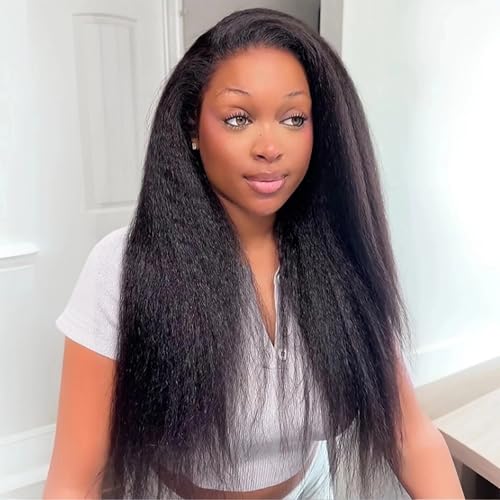 Looxey Black 1B Kinky Straight Half Wig 22 Inch 3-in-1 Yaki Drawstring Synthetic Wig for Black Women