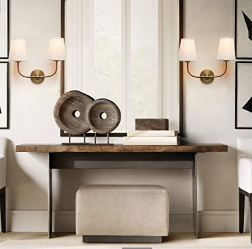 Brass Gold Double Wall Sconce with Linen Beige Fabric Shades - 2 Light Vintage Fixture - Hardwired with Variation Brass Gold / 1 Pack-2 Light-Hardwired