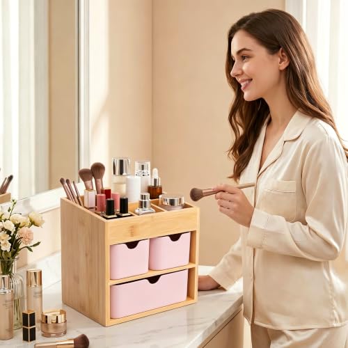 Bamboo Makeup Organizer with 3 Pink Drawers - 5.7"D x 8"W x 7.5"H, Adjustable Dividers