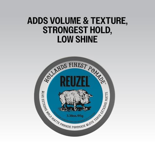 REUZEL Blue Extreme Hold Matte Pomade, Extreme Hold, Water Soluble Styling, Matte Finish, Easy To Wash Out, For All Hair Types, 3.38 oz