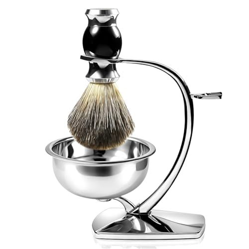 Shaving Bowl Set with Stand and Synthetic Brush - Chrome Alloy & Magnetic Base