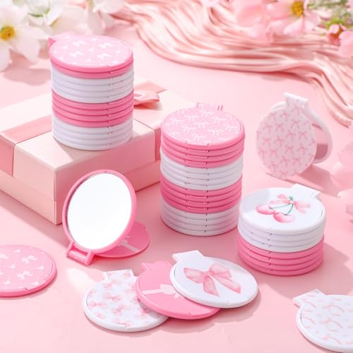 Pink Bow Compact Mirrors Bulk - 50 Pcs Coquette Party Favors, Pink & White Variation