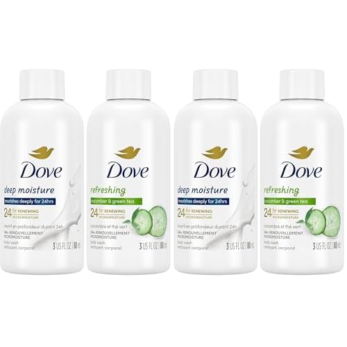 Dove Body Wash Travel Essentials Variety 4-Pack ? Refreshing Cucumber & Green Tea + Deep Moisture Nourishing Body Washes, 3 Oz Ea