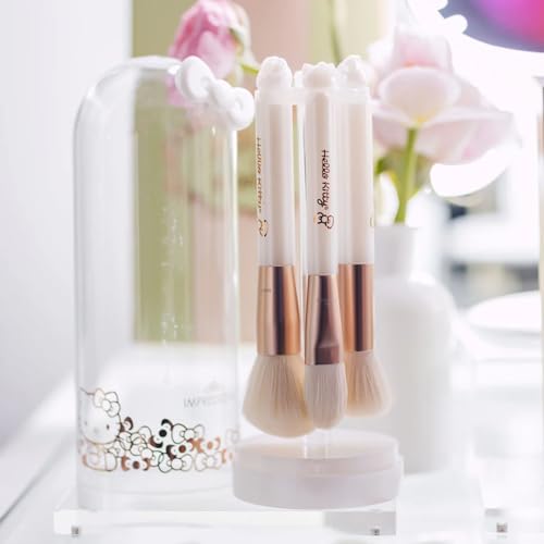 Impressions Vanity 6 PCs Makeup Brush Set with Hello Kitty Kawaii Icon, Super Soft Brushes for Foundation, Face Powder, Blending, Eye Shadow, and Liner with Cute Bell Jar (White)