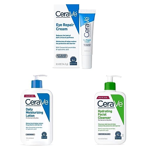 CeraVe Eye Repair Cream | Under Eye Cream| 0.5 Ounce & Daily Moisturizing Lotion | 19 Ounce & Hydrating Facial Cleanser | Moisturizing Non-Foaming Face Wash | 16 Fluid Ounce