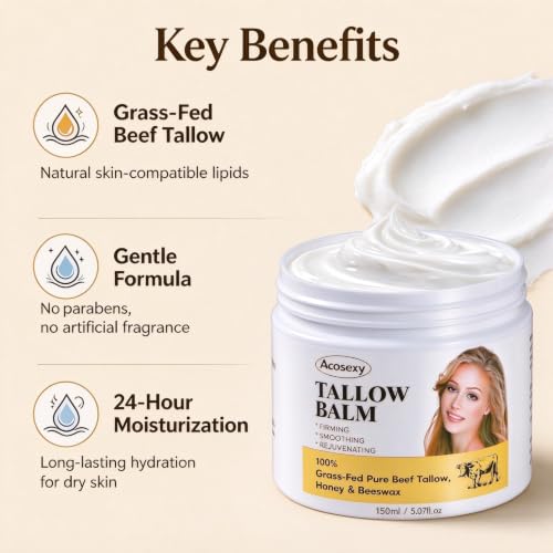 Grass-Fed Beef Tallow & Honey Skin Moisturizer - Deep Hydration Balm, 5.07 Oz