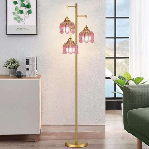 QIYIZM 14- Floor Lamp Pink Mid Century Modern 3-Head Brass Tree Floor Lamp