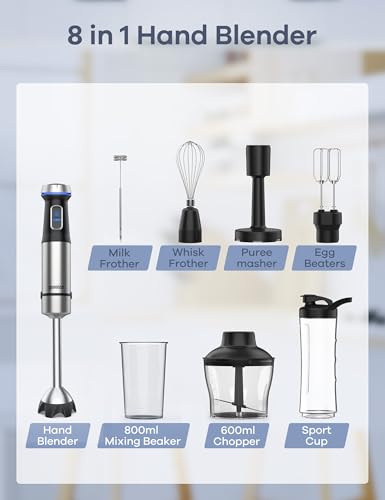 Ganiza 1000W Handheld Immersion Blender 8-in-1 Kitchen Mixer with 16 Speeds