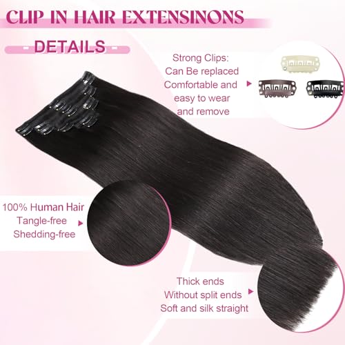 Clip in Hair Extensions 18 Inch Real Human Hair - Natural Black #1B, 100g