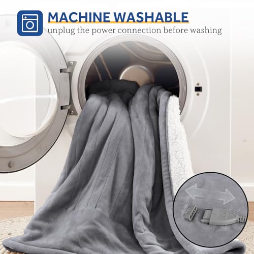 Twin Size Heated Blanket with Digital Controller - Flannel & Sherpa, Auto Off, Light Grey