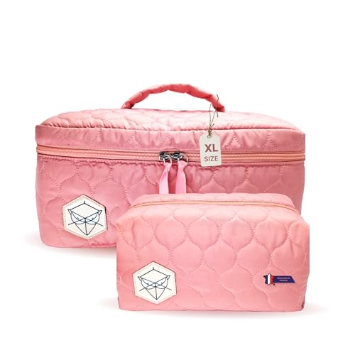 XL Quilted Makeup Bag Set of 2 - Large Waterproof Cosmetic & Toiletry Organizer for Travel & Daily Use