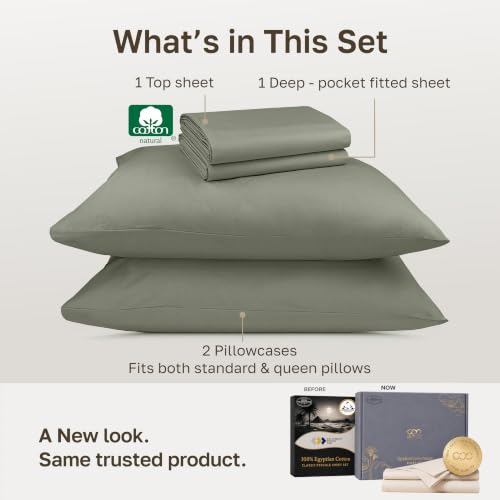 Sage Leaf 100% Egyptian Cotton Queen Bed Sheets Set - Percale, OEKO-TEX Certified