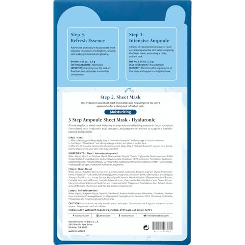 Naisture 3 Step Ampoule Hydrating Sheet Mask Set for Skin Elasticity, Smoothing, and Moisture. Korean Skincare Kit with Ampoule, Mask, and Essence (5 pcs) (Hyaluronic Acid)
