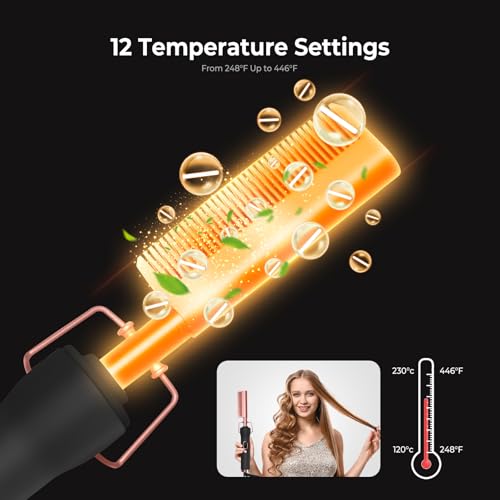 Black Hot Comb for Wigs & Hair Styling - 12 Temp Settings up to 450°F, Portable Electric Straightening & Curling Iron - Trylater
