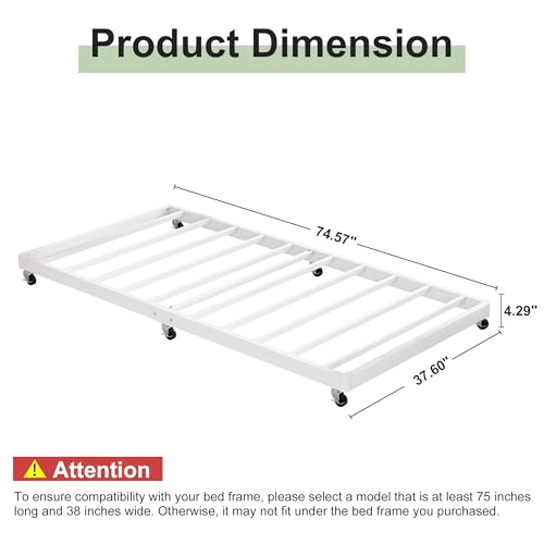 Lutown-Teen White Twin Trundle Bed Frame with Lockable Wheels