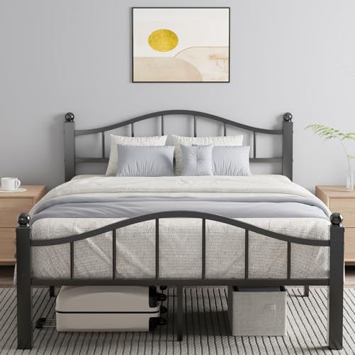 Full Size Bed Frame with Headboard - Black, Noise-Reducing, 14 Steel Bars, 12-Inch Clearance