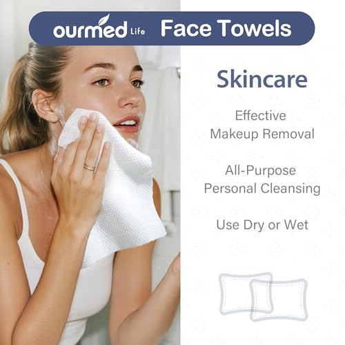 Ourmed Life Face Towels, 11"¡¿9" Disposable Face Towel ? Ultra-Soft, Thickened Facial Towelettes, Lint-Free Dry Wipes for Sensitive Skin, Ideal for Makeup Removal & Skincare (50 Count, 2 Pack)