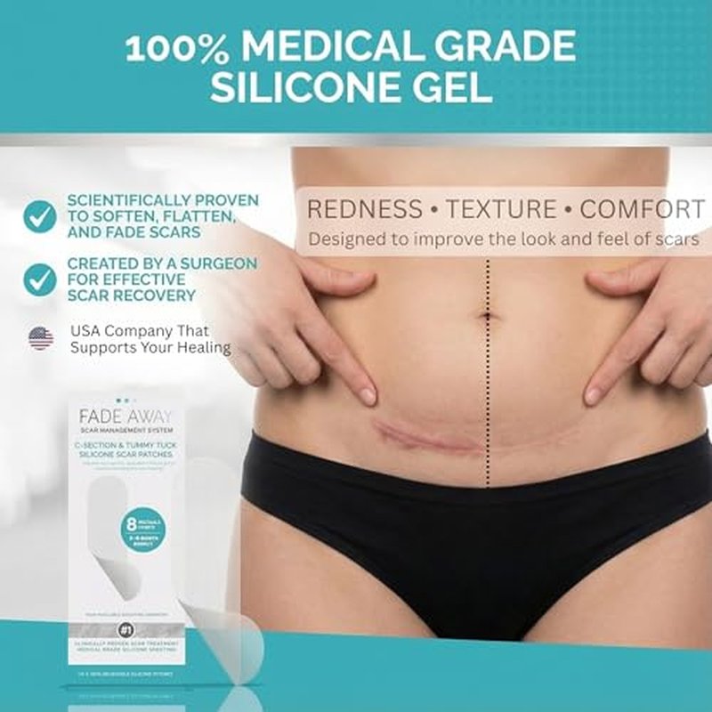 Fade Away Scars Silicone Scar Sheets for C-Section & Tummy Tuck ? Reusable Medical Grade Silicone Scar Tape for Surgical Scars ? Soft Scar Strips with Storage Pouch ? Fade Away Silicone Scar Sheets