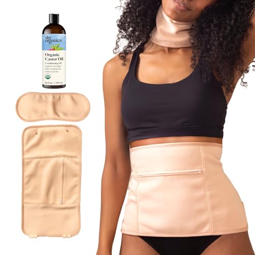 Organic Castor Oil Pack Wrap Set 16oz Reusable Body Wraps for Pain & Skin Care - Includes 2 Adjustable Oilproof Wraps & Wipes - Natural Healing