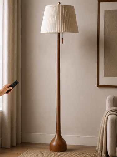 MOFFE Mid Century Modern Wood Floor Lamp with Remote & Amber Pull Chain, 2 Shades