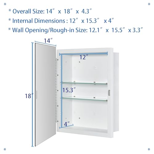 Matt White Bathroom Medicine Cabinet 14x18 Inch Beveled Edge Mirror Recessed or Surface Mount with Adjustable Shelves