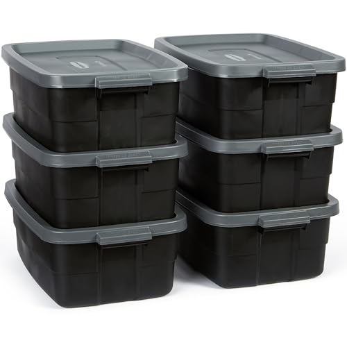Rubbermaid 10 Gal 6 Pack Totes with Lids - Heavy Duty Stackable Storage Bins, Black/Gray