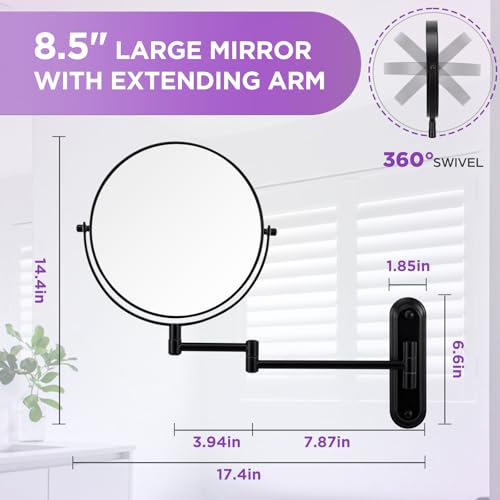 Black 15X Wall Mounted Makeup Mirror - 360° Swivel, Extendable Arm