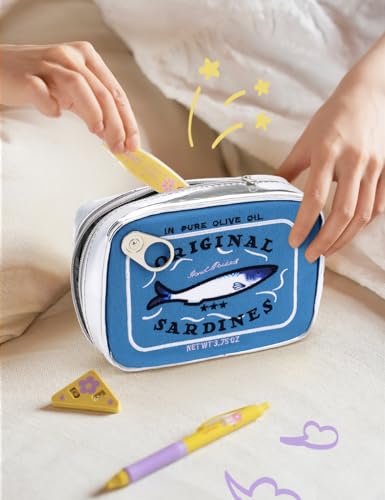 Blue Canned Sardines Makeup Bag - Funny Fish Design, Creative Cosmetic Pouch