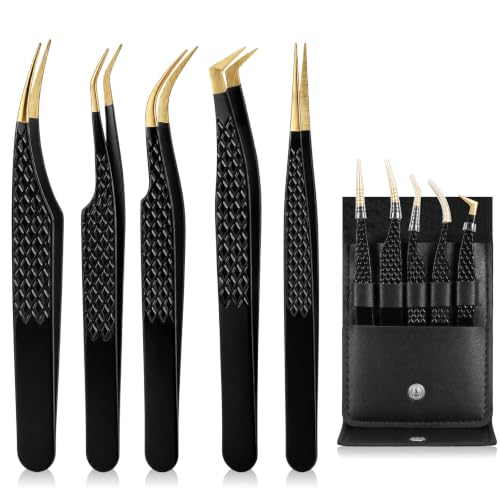 5Pcs Eyelash Extension Tweezers Set - Stainless Steel, Titanium Coated, Black Finish