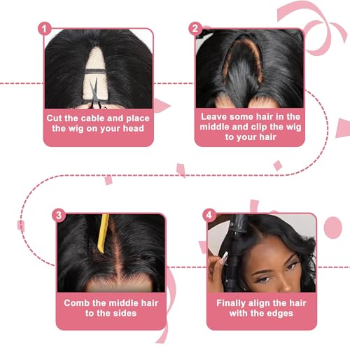 Human Hair U Part Wig 20 Inch Body Wave Natural Black 180% Density Beginner Friendly