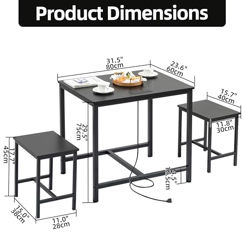 Finnhomy Black 3-Piece Dining Table Set with LED Lights & USB Power Outlets