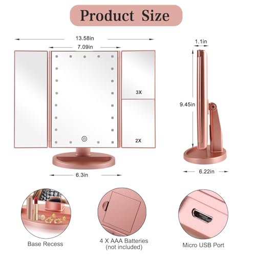 Flymiro Rose Gold Tri-Fold Lighted Makeup Mirror with 3x/2x Magnification, Touch Screen LEDs, 180° Rotation, Portable Vanity for Women & Teens
