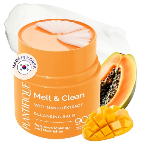 PLANTIFIQUE Korean Cleansing Balm Makeup Remover with Mango, Hyaluronic Acid, and Ceramide - Nourishing Melting Cleanser for All Skin Types, 1.41 oz / 40 g