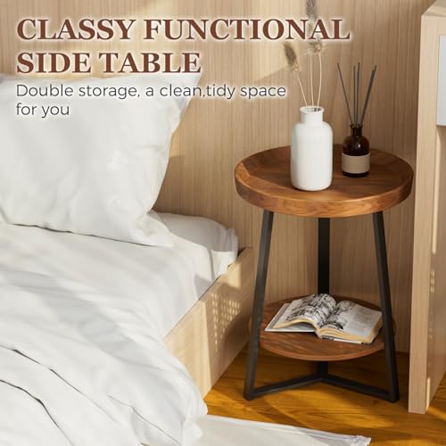 Round End Table with Storage Shelf - Brown 2-Tier Farmhouse Nightstand