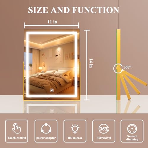 Vanity Mirror with Lights, 11"¡¿ 14" LED Makeup Mirror, Lighted Makeup Mirror with Lights, Smart Touch Control Dimmable 3 Modes Light 360¡ÆRotation Gold