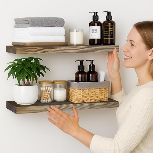 Dark Walnut 30 Inch Floating Wall Shelves Set of 2 - Rustic Wooden Wall Mount Shelves