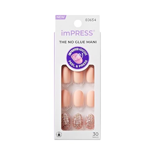 KISS imPRESS Design Press On Nails Short, Evanesce, Beige, Oval, 30 Count