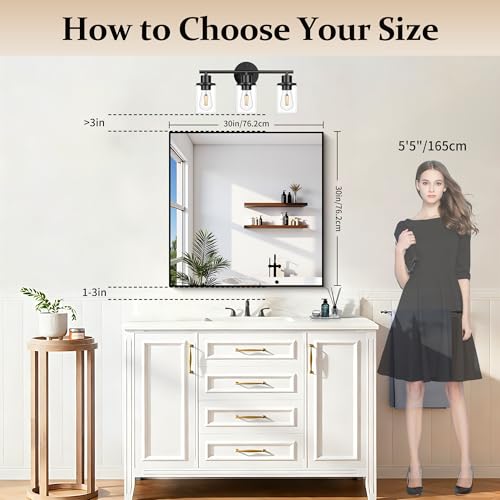 COFENY Black 30x30 Inch Rectangle Wall Mirror with Metal Frame - Modern Vanity Bathroom & Living Room Decor - Horizontal or Vertical Mounting