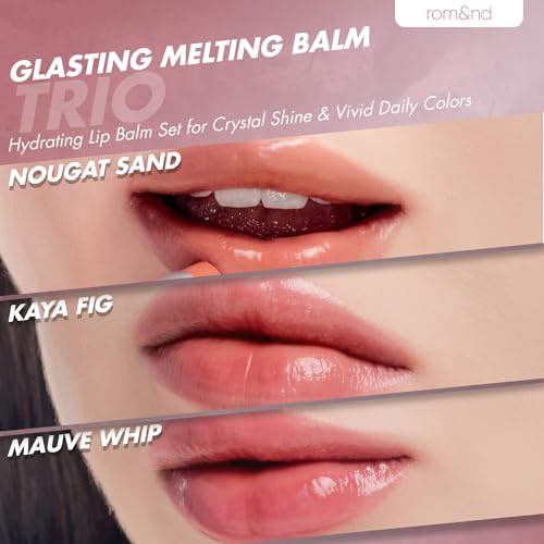 rom&nd Glasting Melting Balm Trio | Hydrating Lip Balm Set for Crystal Shine & Vivid Daily Colors | Non-Sticky, Gentle Formula for Plump, Dewy Lips | #05 Nougat Sand, #06 Kaya Fig, #07 Mauve Whip