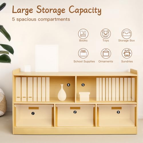 Wooden Montessori Shelf for Kids - Toddler Bookcase & Toy Storage Organizer, Natural Finish, 5-Section Kids Room Storage