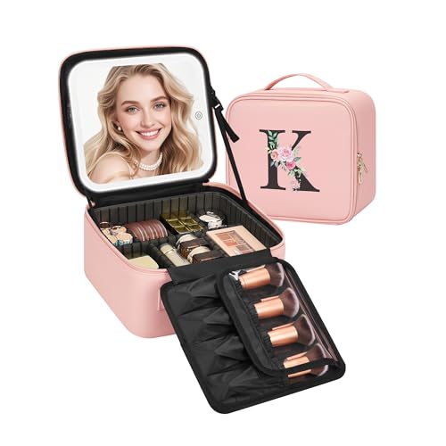 Relavel Initial Makeup Bag with LED Mirror for Women Girls, Personalized Travel Cosmetic Organizer Train Case, Birthday Gifts for Grandkids Bridesmaid Graduation Teacher Friends, Trendy Stuff, Pink K