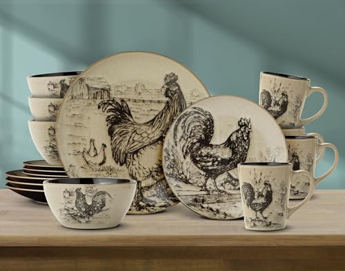 16-Piece Dinnerware Set for 4 with Rooster Design - Dishwasher & Microwave Safe