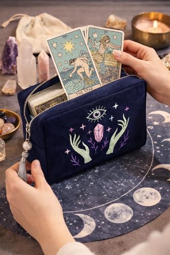 Velvet Zipper Pouch for Tarot Decks Crystals and Makeup - Mystical Organizer with Embroidery