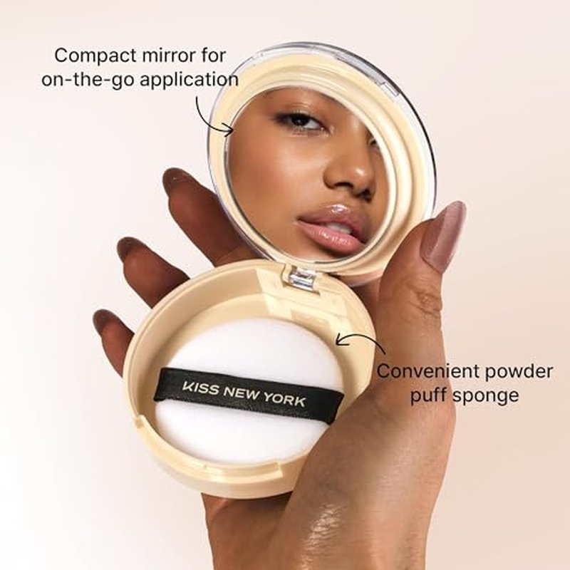 Kiss New York Soft Matte Pressed Powder (Sun Beige) With Dual Ended Powder Brush Set, Blurring Poreless Face Powder Makeup, Medium Coverage Setting Powder Infused with Salicylic Acid & Niacinamide