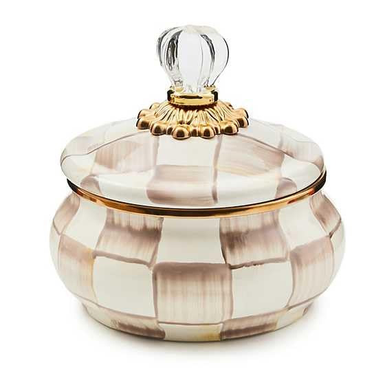 Mocha Check Enamel Squashed Pot with Lid - 20 oz Brown & White Kitchen Storage